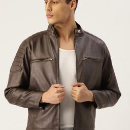 Leather Retail Men Coffee Brown Leather Retail Teakwood Faux Leather Biker Jacket-picture-18
