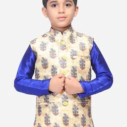 NAMASKAR Boys Cream  Printed Silk Nehru Jacket-picture-14