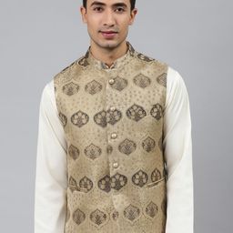 MANQ Men Gold Toned & Black Woven Jaquard Silk Nehru Jacket-picture-32