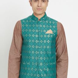 Fabindia Men Green & Gold-Toned Woven Design Nehru Jackets-image-39