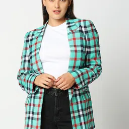 Remanika Women Green Checked Cotton Open Front Jacket-7