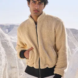 Dash and Dot Mandarin Collar Sherpa Bomber Jacket-image-33