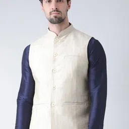 DEYANN Men Cream-Coloured Solid Nehru Jacket-28