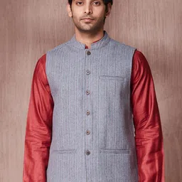 Fabindia Striped Pure Wool Woven Nehru Jacket-picture-1