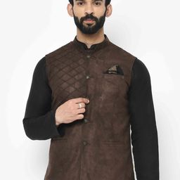 KISAH Men Brown Woven Design Nehru Jacket-image-13