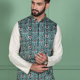 KISAH Men Printed Mandarin Collar Woven Nehru Jacket-4