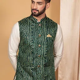 KISAH Printed Mandarin Collar Woven Nehru Jacket With Pocket Square-51