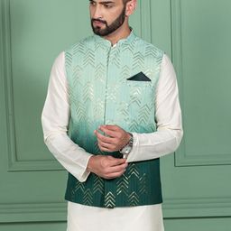 KISAH Men Green Printed Nehru Jackets-27