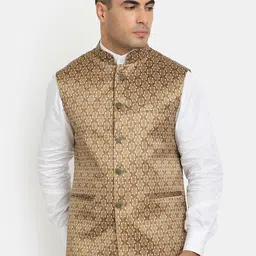 HOB Men Brown & White Printed Woven Nehru Jacket-22