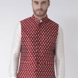 DEYANN Men Red & White Printed Woven Nehru Jacket-18