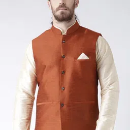 DEYANN Men Rust Orange Woven Design Dupion Silk Nehru Jacket-image-9