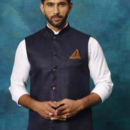 VASTRAMAY Woven Design Mandarin Collar Jute Cotton Nehru Jacket-image-70