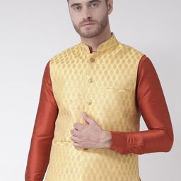 DEYANN Men Yellow Woven Design Nehru Jacket-23