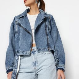 Trendyol Lapel Collar Long Sleeves Cotton Crop Denim Jacket-11