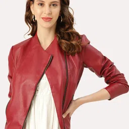 Leather Retail Women Maroon Crop Biker Jacket-image-8