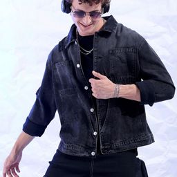 The Indian Garage Co Black Relaxed Fit Distressed Street Wear Carpenter Denim Jacket-picture-51