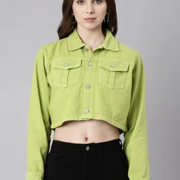 SHOWOFF Spread Collar Windcheater Crop Denim Jacket-image-42
