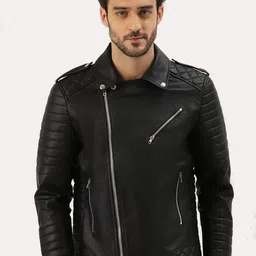 Leather Retail Men Black Outdoor Biker Jacket-picture-12