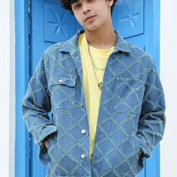 Campus Sutra Blue Self Design Windcheater Cotton Denim Jacket-picture-53