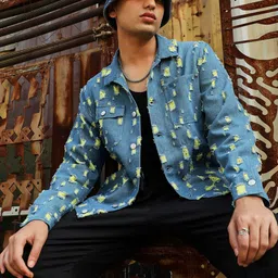 Campus Sutra Blue & Yellow Self Design Windcheater Cotton Denim Jacket-22
