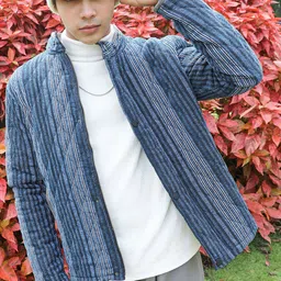 Campus Sutra Blue Striped Windcheater Cotton Quilted Jacket-38