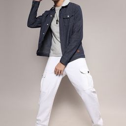 Campus Sutra Navy Blue Geometric Printed Windcheater Cotton Denim Jacket-image-23