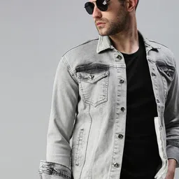 SHOWOFF Men Grey Washed Slim Fit  Windcheater Denim Jacket-image-94