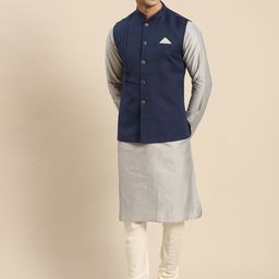 KISAH Men Grey Kurta with Churidar & Nehru Jacket-59