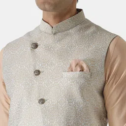 KISAH Men Beige Solid Woven Nehru Jacket image 4
