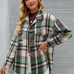 StyleCast Green Checked Spread Collar Shacket image 2