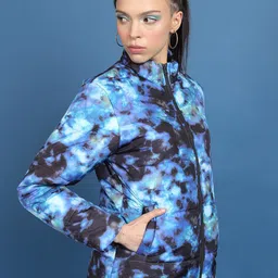 Tokyo Talkies Blue Abstract Printed Mock Collar Padded Jacket image 4