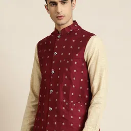 Sojanya Men Maroon & Silver Self Design Nehru Jacket image 5