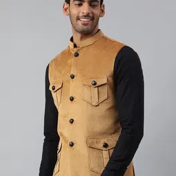 MR BUTTON Men Brown Solid Nehru Jacket image 2
