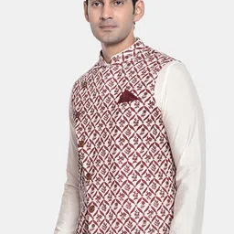 KISAH Men White & Red Printed Cotton Nehru Jacket image 3