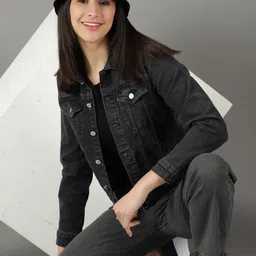 SHOWOFF Women Washed Crop Denim Jacket-picture-1