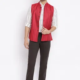 Fabindia Men Red Striped Dobby Nehru Jacket image 4