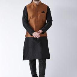 DEYANN Men Copper-Toned Layered Dupion Silk Kurta with Churidar With Nehru Jacket-picture-22