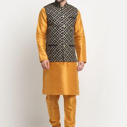 KRAFT INDIA Ethnic Motifs Embroidered Pure Silk Kurta with Churidar & Nehru Jacket-image-28
