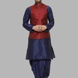 ROYAL KURTA Men Navy Blue Kurta with Dhoti Pants And Nehru Jacket-picture-18