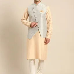 KISAH Men Beige Kurta with Churidar & Nehru Jacket-image-62