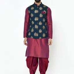 KISAH Men Navy Blue & Marron Ethnic Motifs Kurta with Dhoti Pants & Nehru Jacket Set-picture-24