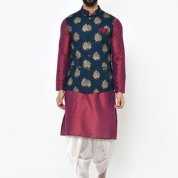 KISAH Men Maroon Solid Kurta with Dhoti Pant & Printed Nehru jacket-50