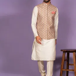 KISAH Men Mandarin Collar Kurta With Churidar & Nehru Jacket Set-21