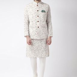 KISAH Men Kantha Printed Regular Fit Kurta Jacket Churidar Set-44