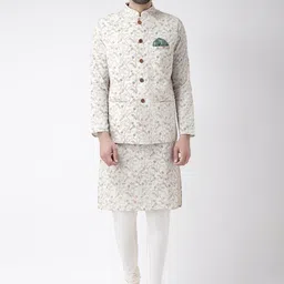 KISAH Men Kantha Printed Regular Fit Kurta Jacket Churidar Set-picture-51