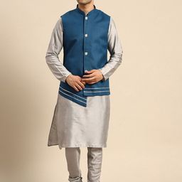 KISAH Mandarin Collar Regular Kurta With Churidar & Nehru Jacket-picture-27