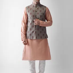 KISAH Men Olive Green Floral Kurta with Churidar-image-71