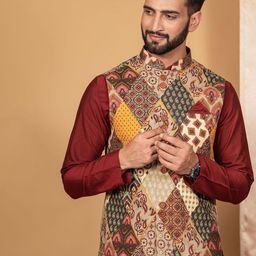 KISAH Men Abstract Printed Regular Fit Kurta Jacket Churidar Set-8