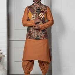 KISAH Men Mandarin Collar Kurta with Dhoti Pants & Printed Nehru Jacket Set-49