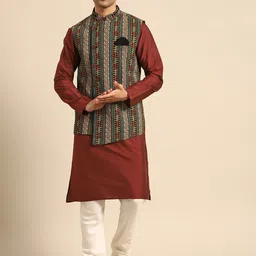 KISAH Mandarin Collar Regular Straight Kurta With Churidar & Nehru Jacket Set-15